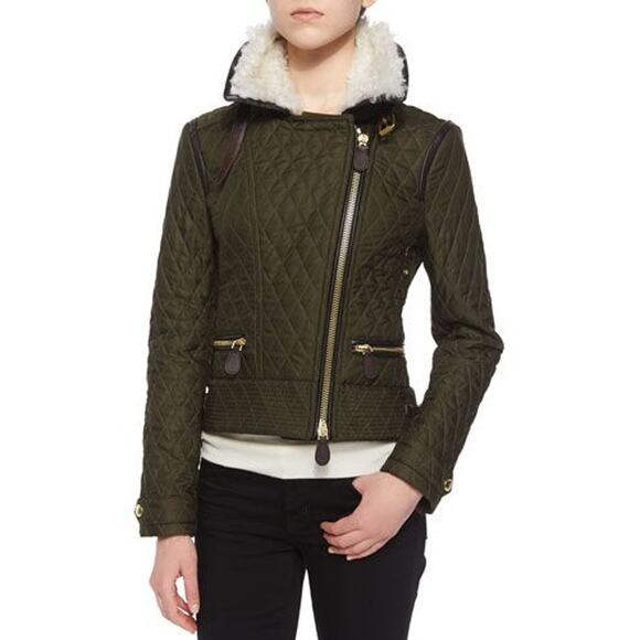 Burberry Brit Quilted Green Faux Fur Military Style Jacket Medium